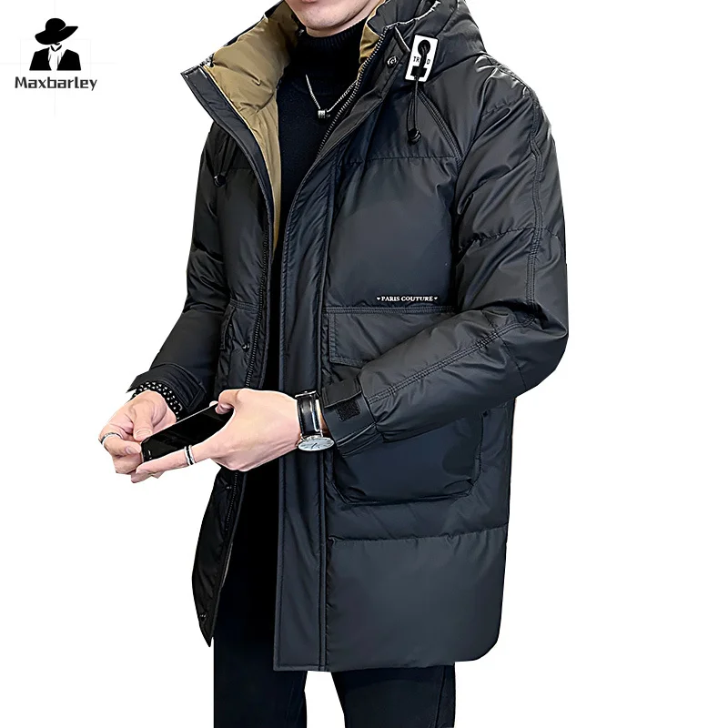 2023 Luxury Brand White Duck Down Jacket Men's Three-proof Fabric Waterproof Hooded Mid-length Down Jacket Men's Winter Ski Coat