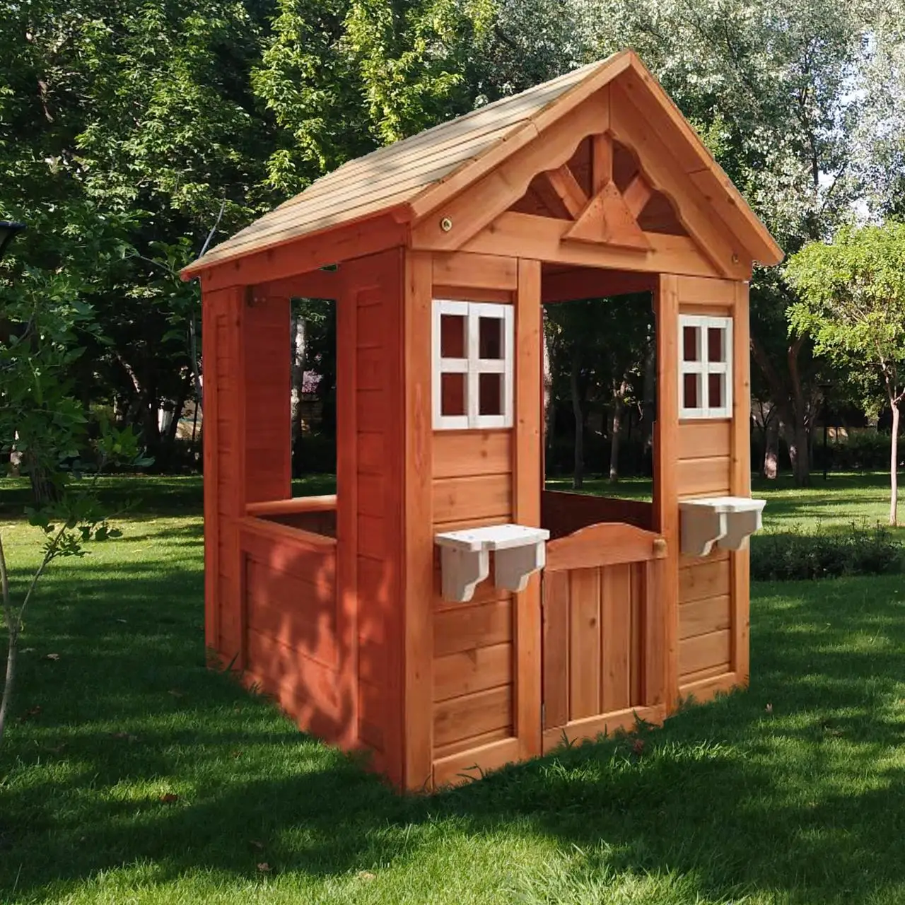 All Wooden Kids Playhouse with 2 windows and flowerpot holder,42"Lx46“Wx55"H,Golden Red 2