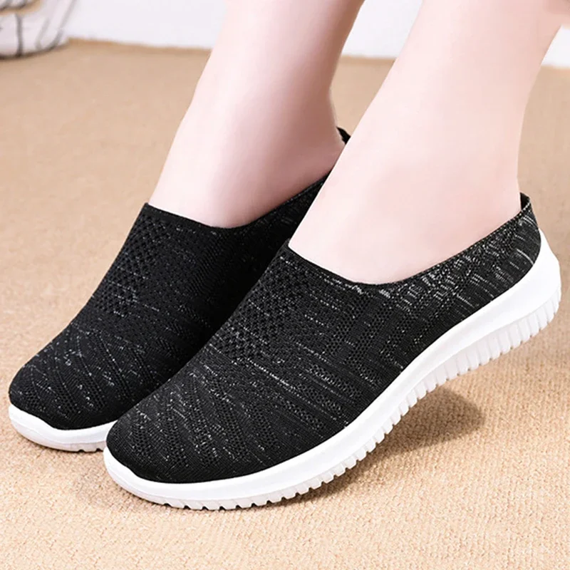 2025 New Breathable Knitted Half Slippers Women Lightweight Soft Sole Casual Flats Woman Comfort Slip On Walking Shoes Female