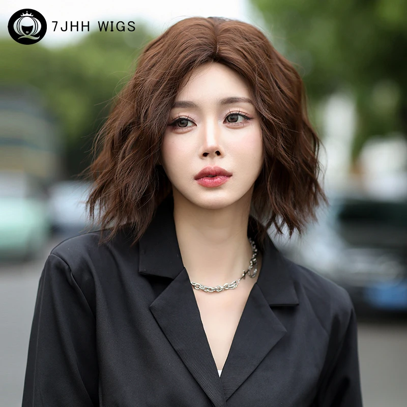 7JHH WIGS Bob Wig Synthetic Brown Middle Part Wig for Women High Density Short Wavy Copper Hair Wigs Heat Resistant Costume Wig 7jhh wigs bob wig synthetic brown middle part wig for women high density short wavy copper hair wigs heat resistant costume wig