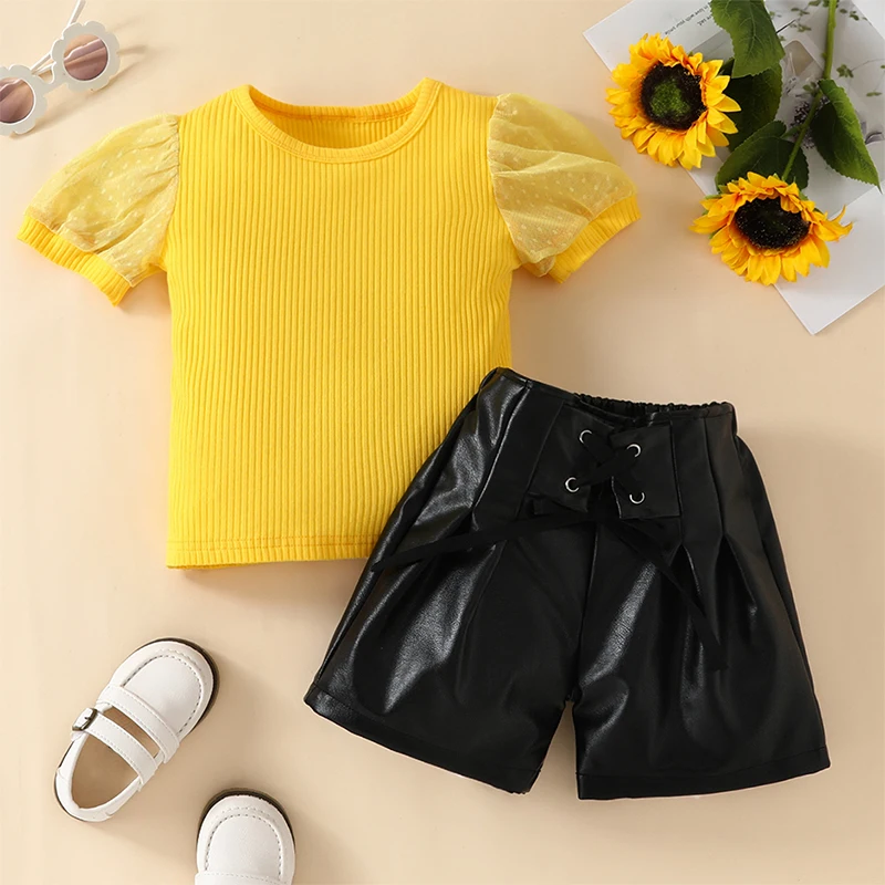 

Listenwind 1-6Y Toddler Girl 2Pcs Summer Casual Outfits Mesh Yellow Short Sleeve Ribbed Tops + Leather Shorts Set Kid Clothes