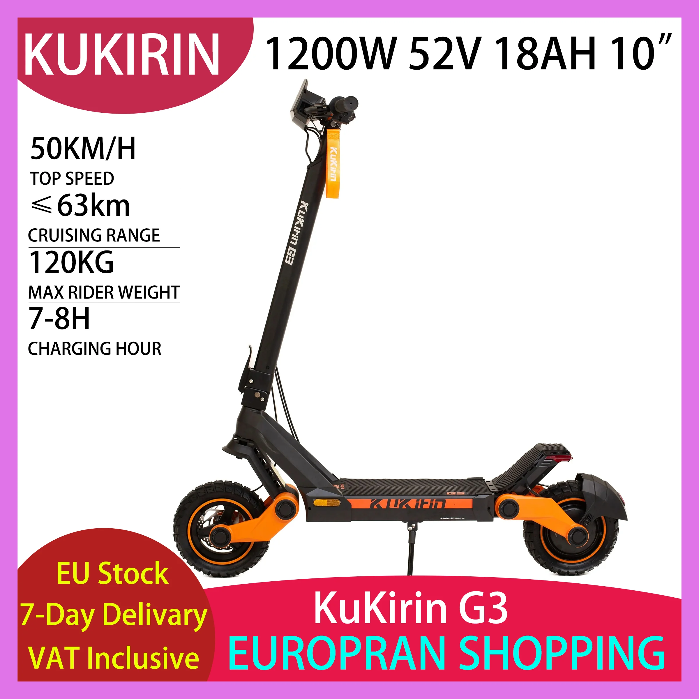 KuKirin GB Scooter elettrico per adulti 1200W Motore fuoristrada 52V18Ah Batteria pieghevole E-Scooter Pneumatico da 10 pollici