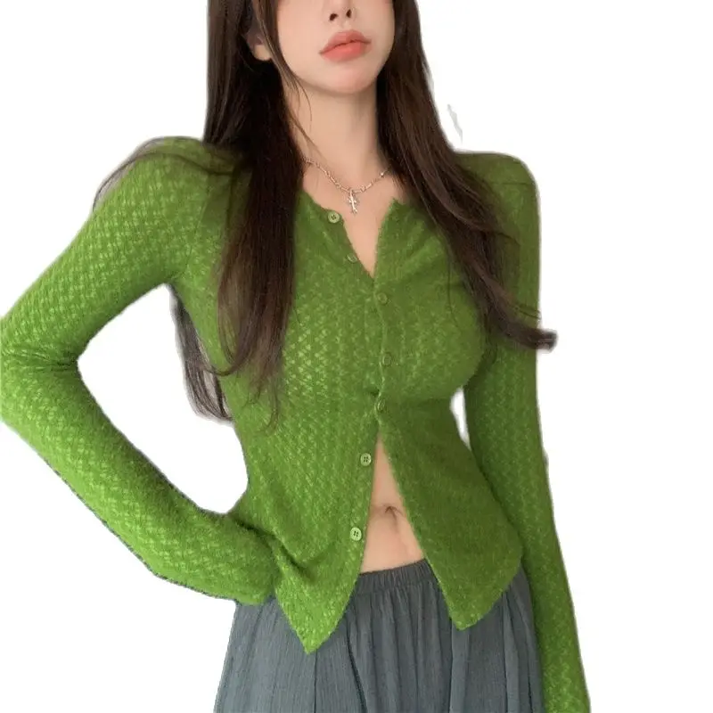 

New Autumn Girls Knit T-shirt Long Sleeves Single Breast Sexy Lady Slim Fit Top