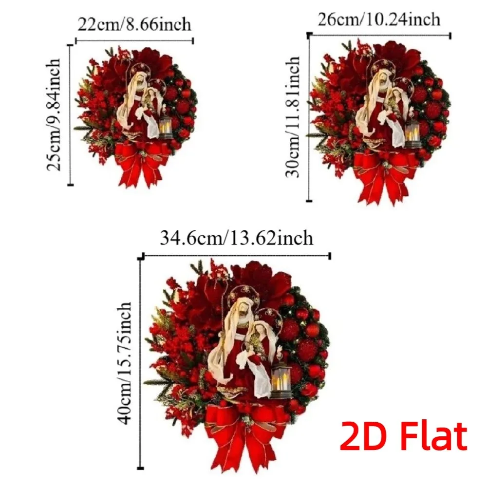 Red Christmas Wreath 2D Oil Lamp Door Hanging Artificial Garland Wooden Reusable Christmas Ornaments Staircase Balcony