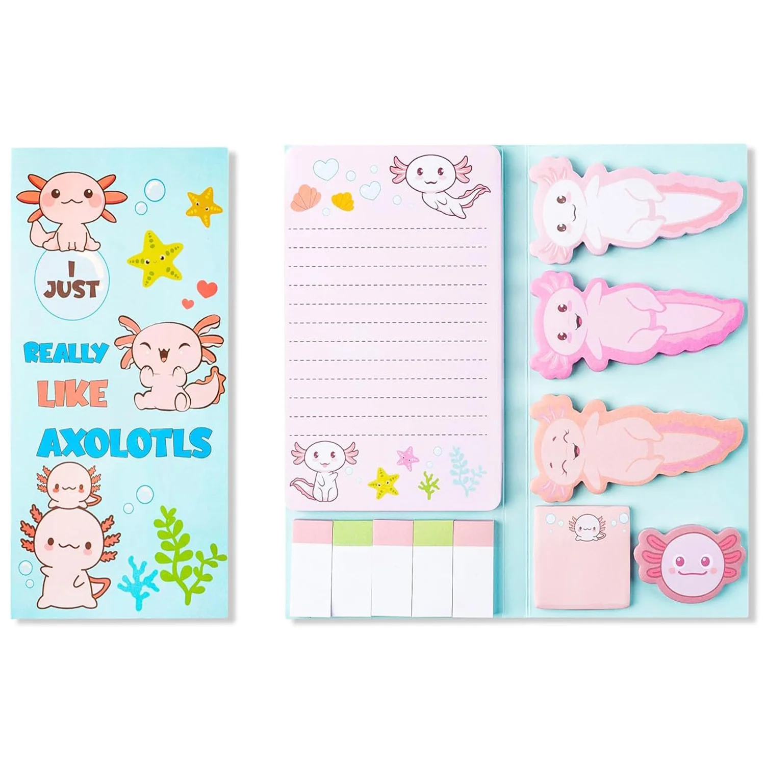 Set di Foglietti Adesivi a Tema Axolotl - Blocco Note con Pesci Mexican Walking Fish, Divisori e Segnapagina per Scuola, Ufficio, Regalo