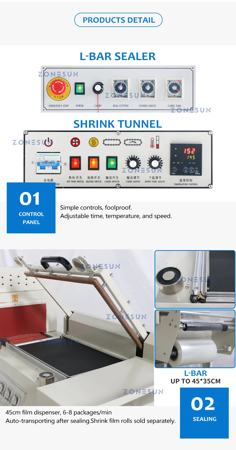 ZONESUN ZS-SPL3 L type Strech Film heat shrink packing machine cutting and sealing