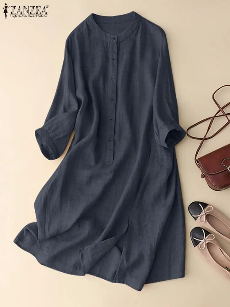 

ZANZEA Woman Fashion Sundress Summer Solid 3/4 Sleeve Dress Female O Neck Dresses Casual Button Robe Holiday Party Shirtdress