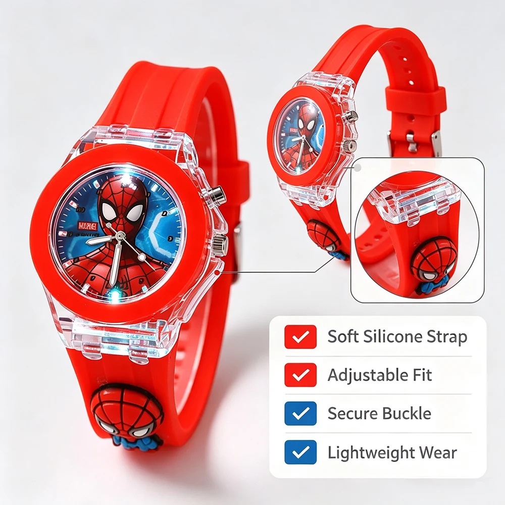 3D Spiderman Kids' Flashlight Watch – Cartoon Character Quartz Clock