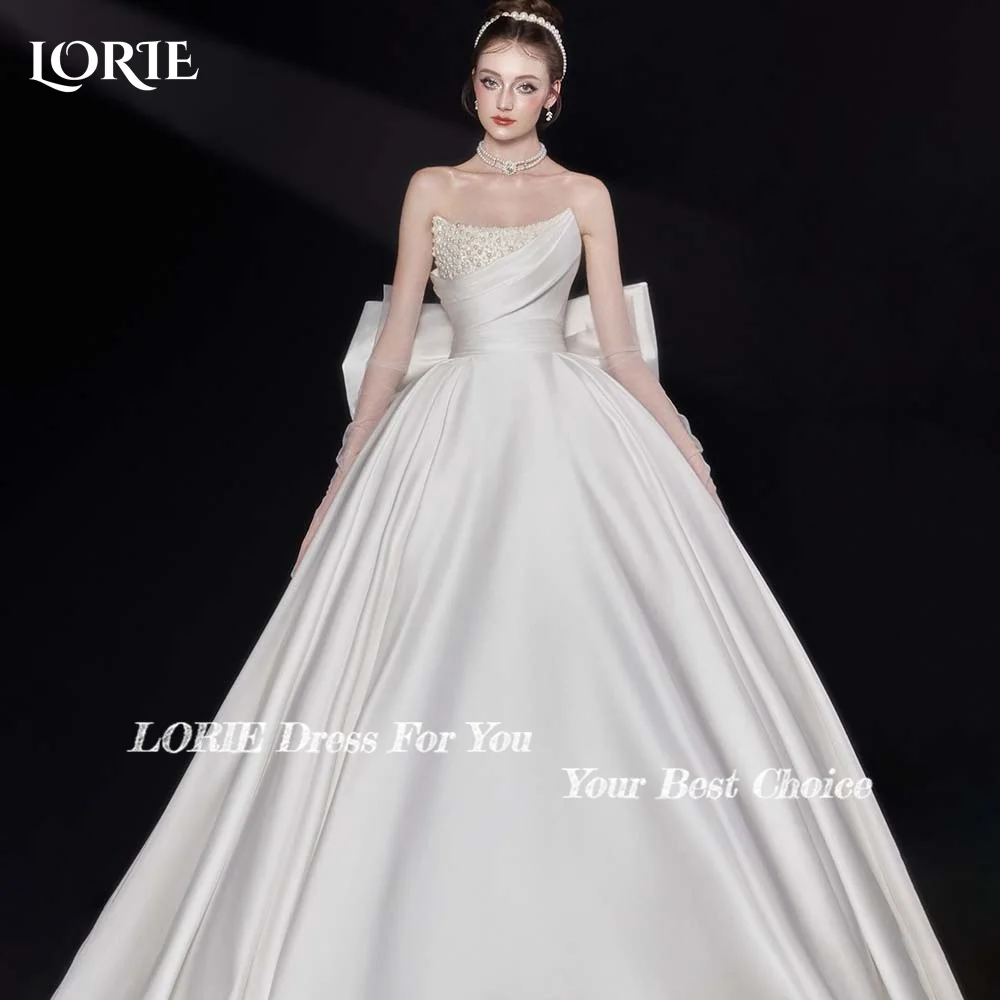 LORIE Elegant Women's Wedding Dress Off Shoulder Backless Satin A-line White Bride Gown Bow Bride Party Dress vestidos de novia