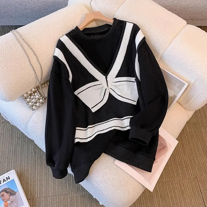 Women's Round Necked Bow Fake Two-piece Hoodie Autumn and Winter Thick Loose All-match Spliced Long Sleeved Pullover Casual Tops