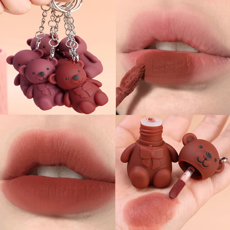 Portable Cute Bear Portachiavi Matte Lip Mud Mousse Grey Pink Lipstick Long Lasting Natural Lip Makeup Cosmetici Coreani Lip Gloss