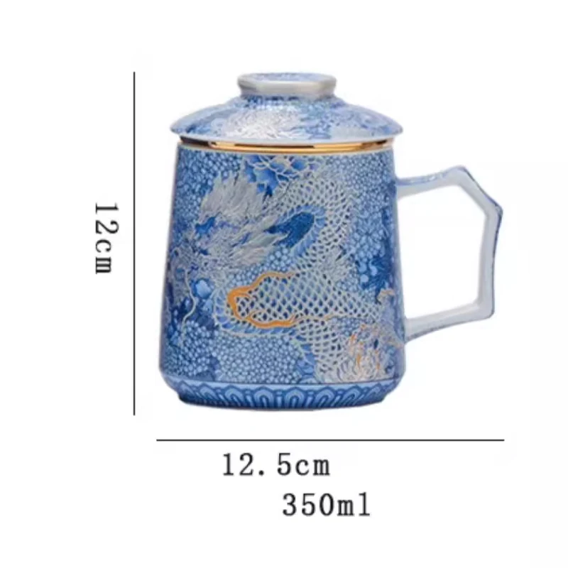 Chinese Style Ceramic Blue Flower Silver Dragon Pattern Mug, Creative Teacup With Cover Filtered Tea Water Separation 350ml, 1Pc