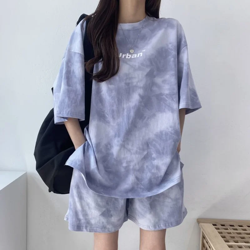 Tie-dyed Top Shorts Two-piece Set Summer New Short Sleeve Street Casual Sportswear Loose Tops Fashion Trend Women Clothing