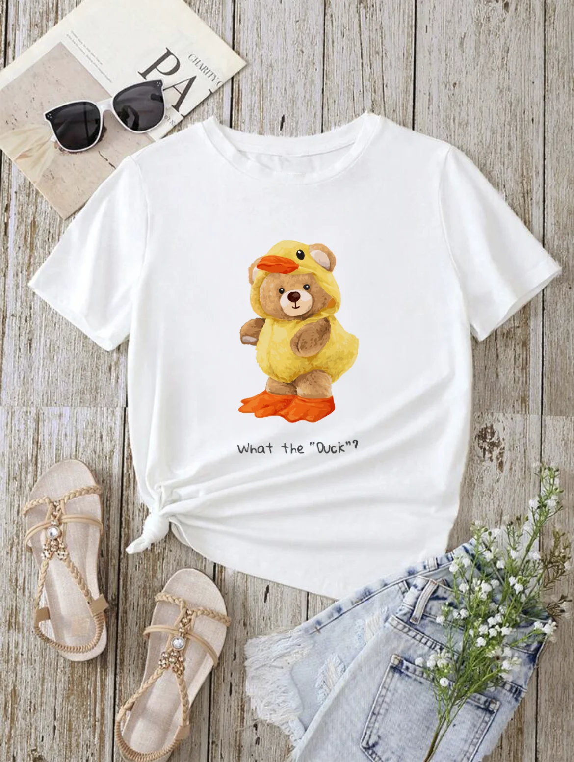 

Женская футболка с коротким рукавом, красивая одежда, женский летний модный топ с принтом милого медведя, Пляжная футболка с мультяшным рисунком, 2024
