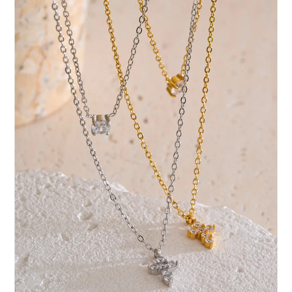 Yhpup Double-Layer Chain Zirconia Cross Pendant Necklace Stainless Steel
