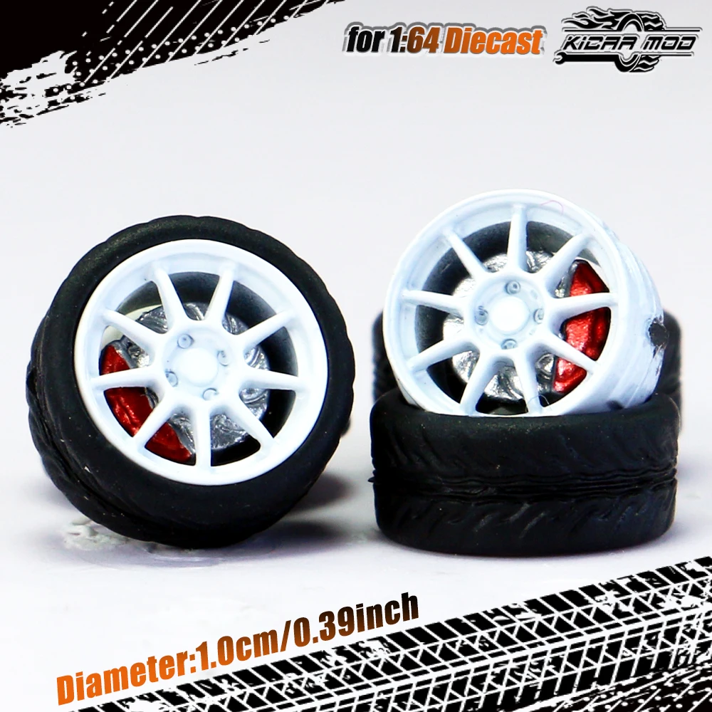 Kicarmod 1/64 Model Car ABS Wheels with Rubber Tire Brake Disc Refitting Parts Diameter 10mm For Model Car Tomica MINI GT