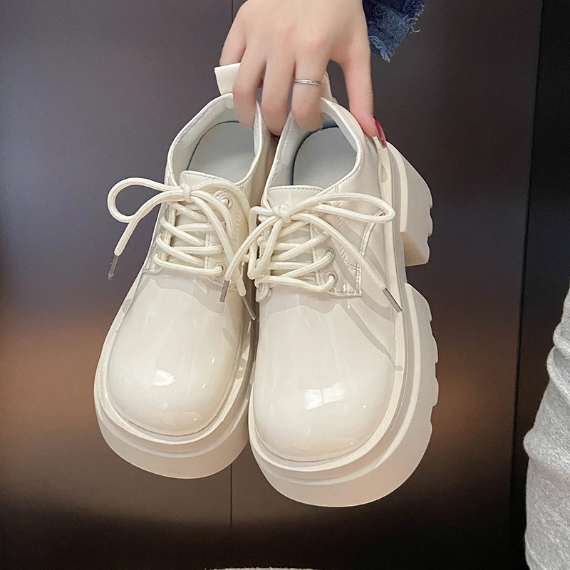 Aphixta 7.5cm Square Heel Ankle Boots Patent Leather Sneakers Women's Shoes Chunky Sole Lace Up Black Boots Shoes Women