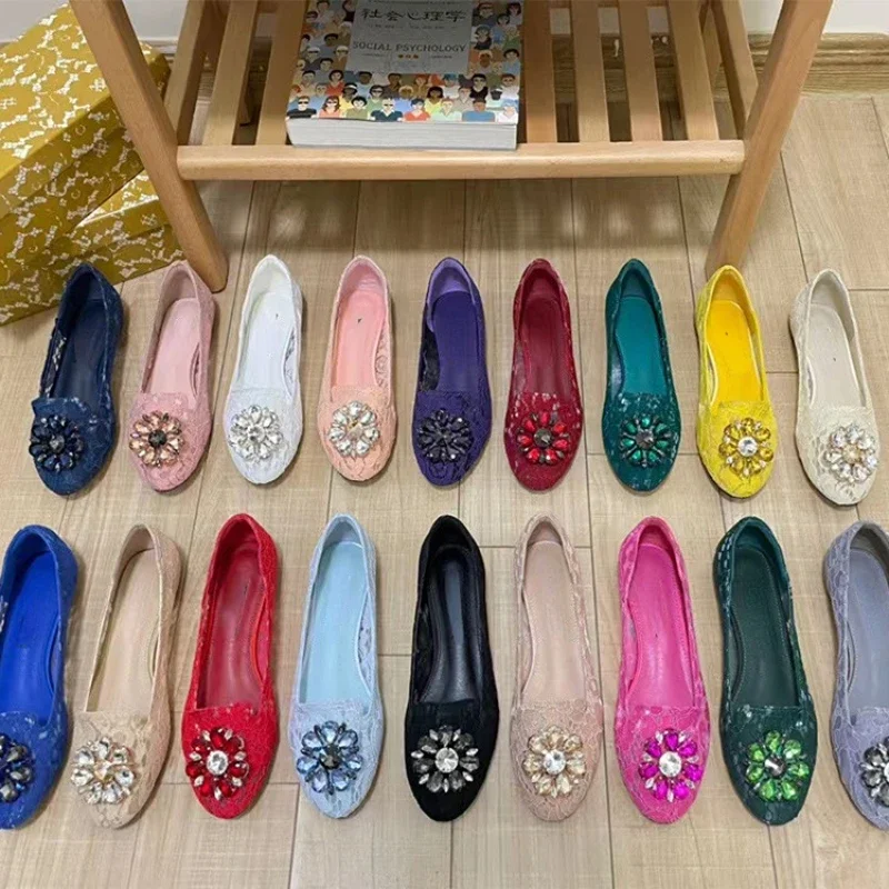 

Spring and summer lace round head flat shoes Mesh breathable shallow mouth rhinestone sun button casual women's single shoes