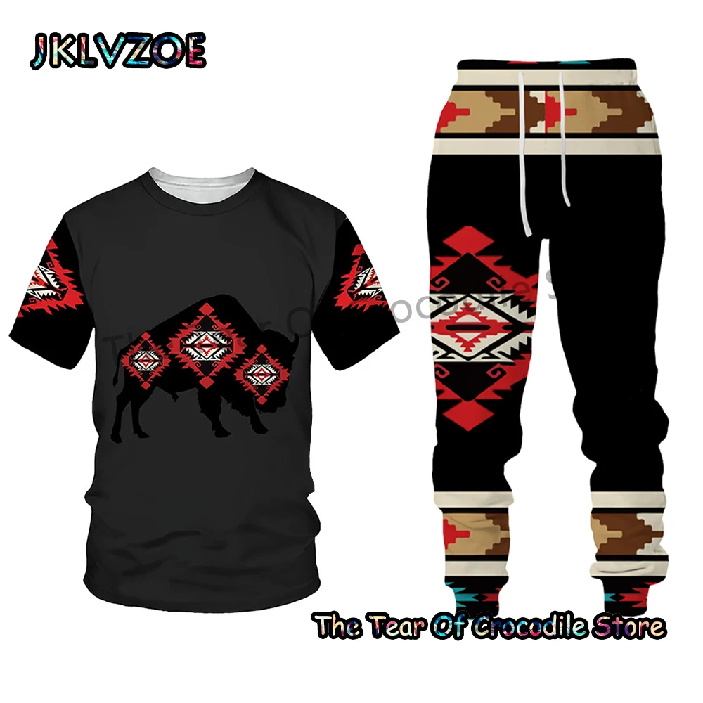 2023 Summer African Bison Pattern Men's Trousers Tracksuit 2Piece Sets Printing Short Sleeve T Shirt+Long Pants Street Clothing