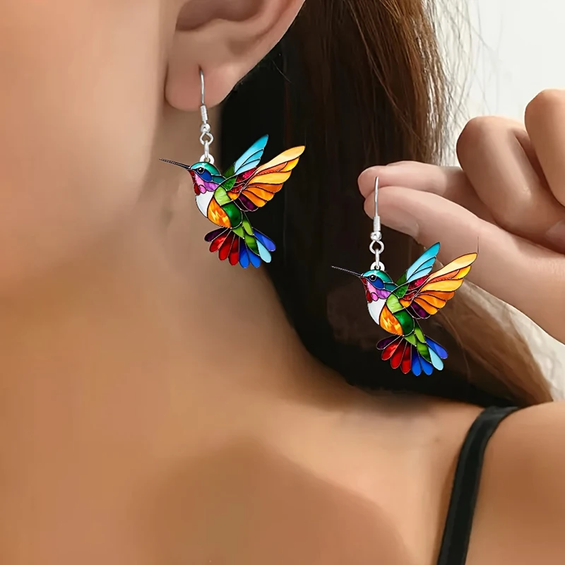 FTCY Acrylic Hummingbird Earrings For Women Retro Style Colorful Bird Drop Earrings Women's Jewelry Gifts 2
