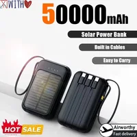 50000mAh High Capacity Solar Power Bank Built Cables Solar Charger 2 USB Ports External Charger Powerbank LED Light For Camping 1
