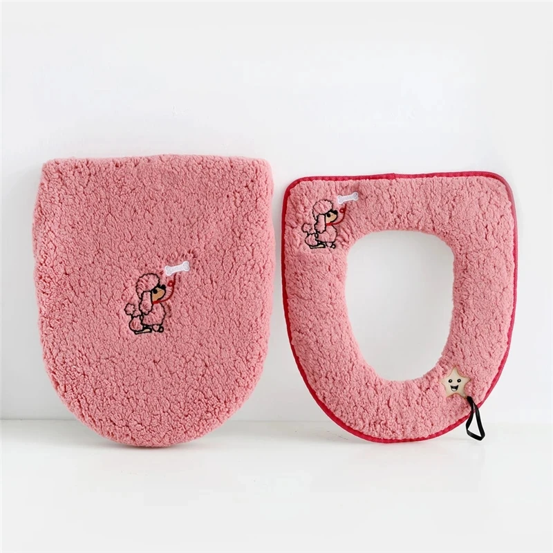 2 PCS Winter Universal Lamb Velvet Toilet Pad Household Toilet Ring Cover With Handle Simple Solid Color Bathroom Sit Mat