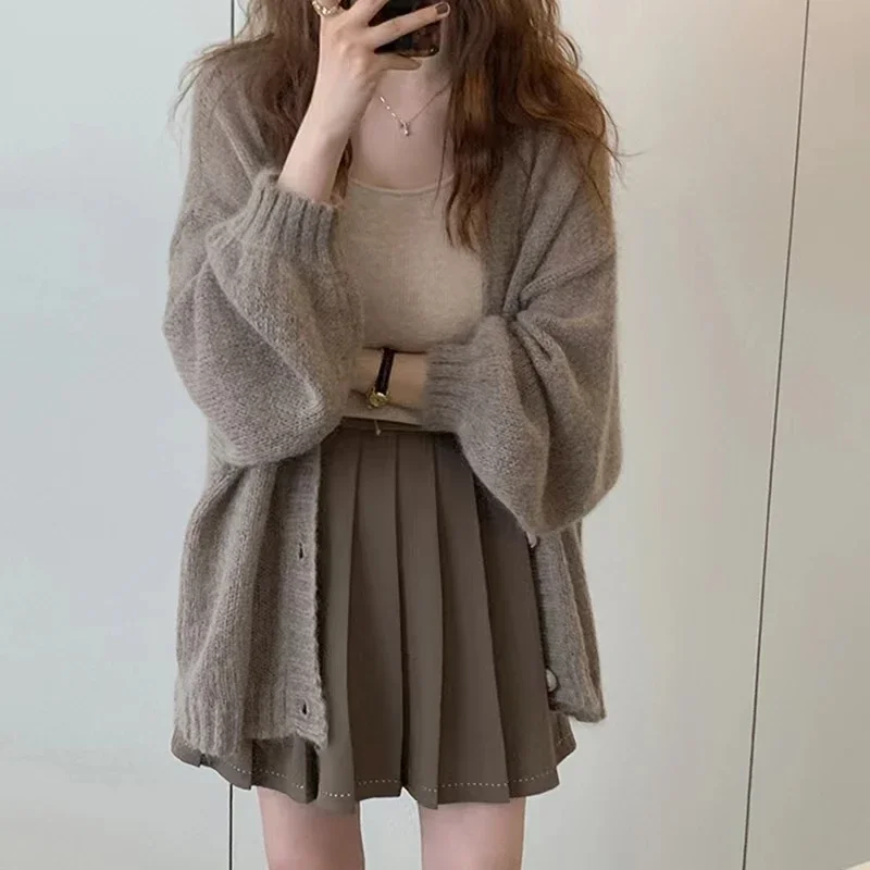 Autumn and Winter New Women's Solid Color Cardigan Sweater Fashion Casual Single-breasted Lantern Sleeve Sweater Jacket