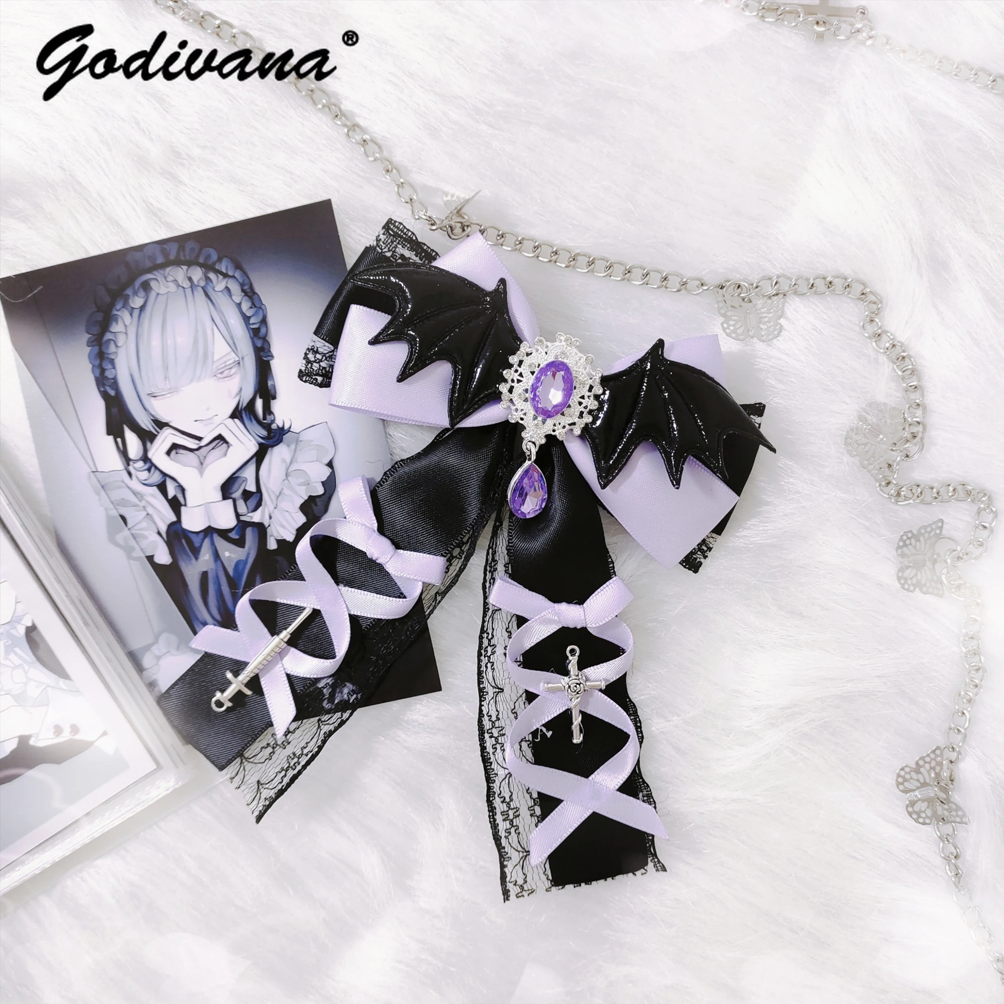 

Halloween Mine Devil Wings Cross Bow Sweet Cool Bow Tie Brooch Female Girls Lolita Hairclips Cute Hairpin