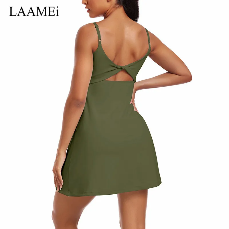 LAAMEi Sports Set Tennis Dress Pocket Safety Shorts Fitness Golf Integrated Yoga Set Women's Running Fitness Dress