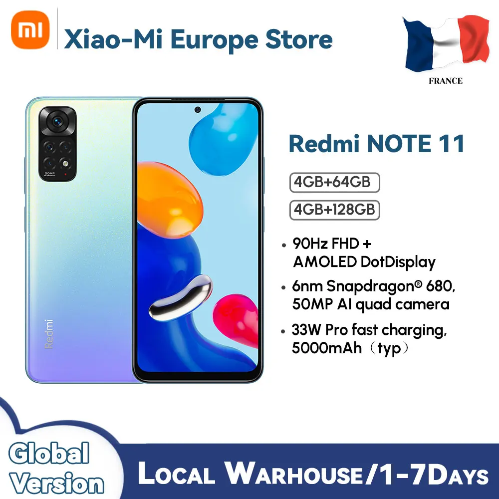 Xiaomi Redmi Note 11 Smartphone 90Hz 6.43 "Amoled 33W Pro Ricarica Rapida 4Gb 64/128Gb Snapdragon 680 50Mp Quad Cam Cellulare