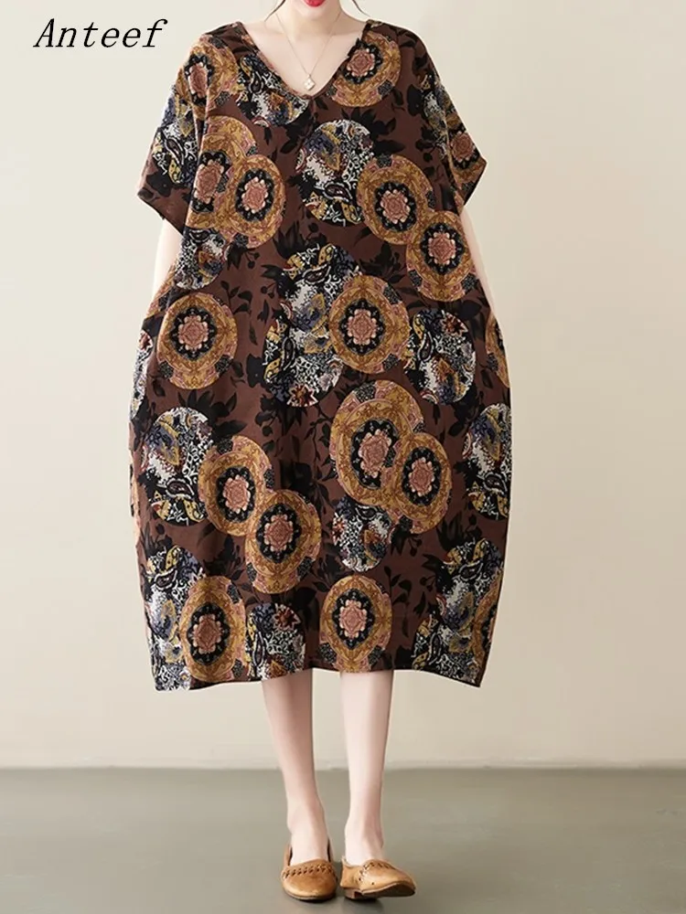 

short sleeve oversized cotton linen vintage floral dresses for women casual loose long summer dress elegant clothing 2023