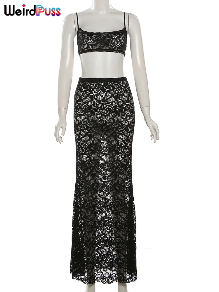 Weird Puss Sexy Mesh 2 Piece Set Women Hipster Midnight Summer Trend Mini Camisole+Skirts Stretch Nightclub Party Matching Suits 5