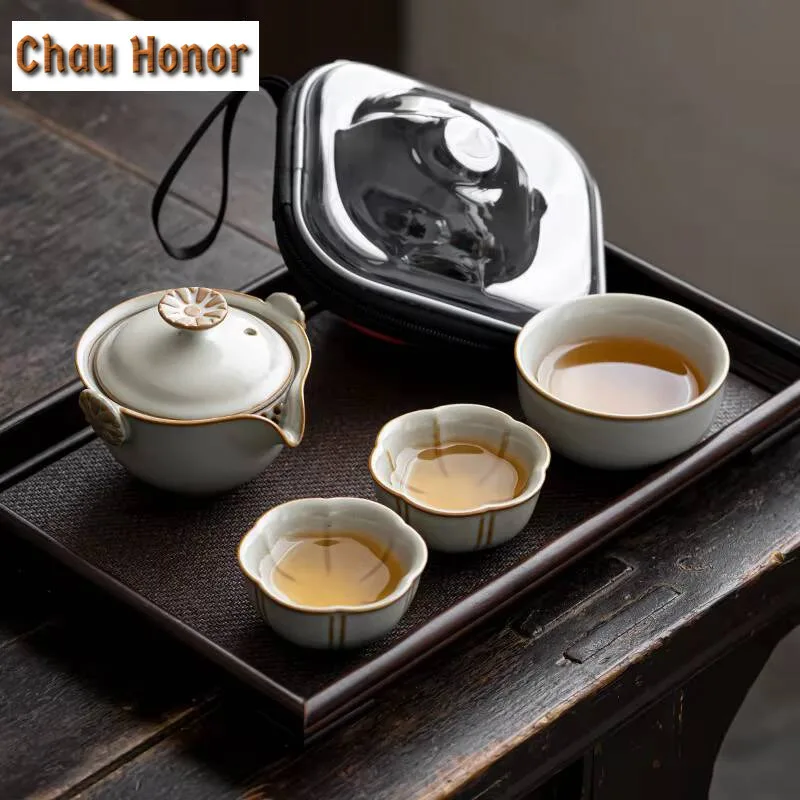 Retro Azure Ru Kiln Porcelain Tea Set Kit Ancient 1 Pot 3 Cups Tea Brewing Camping Handbag Chinese Tea Set Equipment Collection