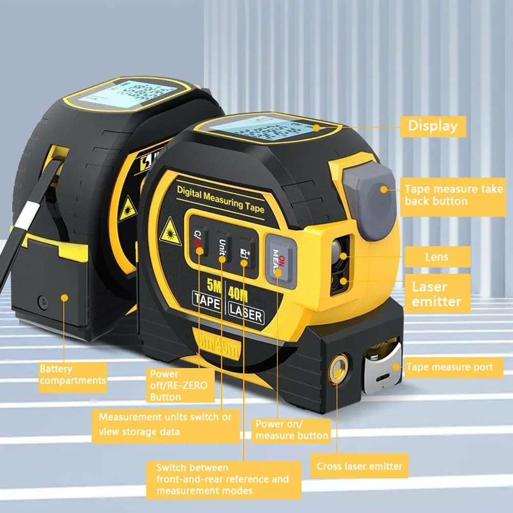 Enhanced Backlit 3-in-1 Laser Distance & Tape Measurement Device with LCD Display