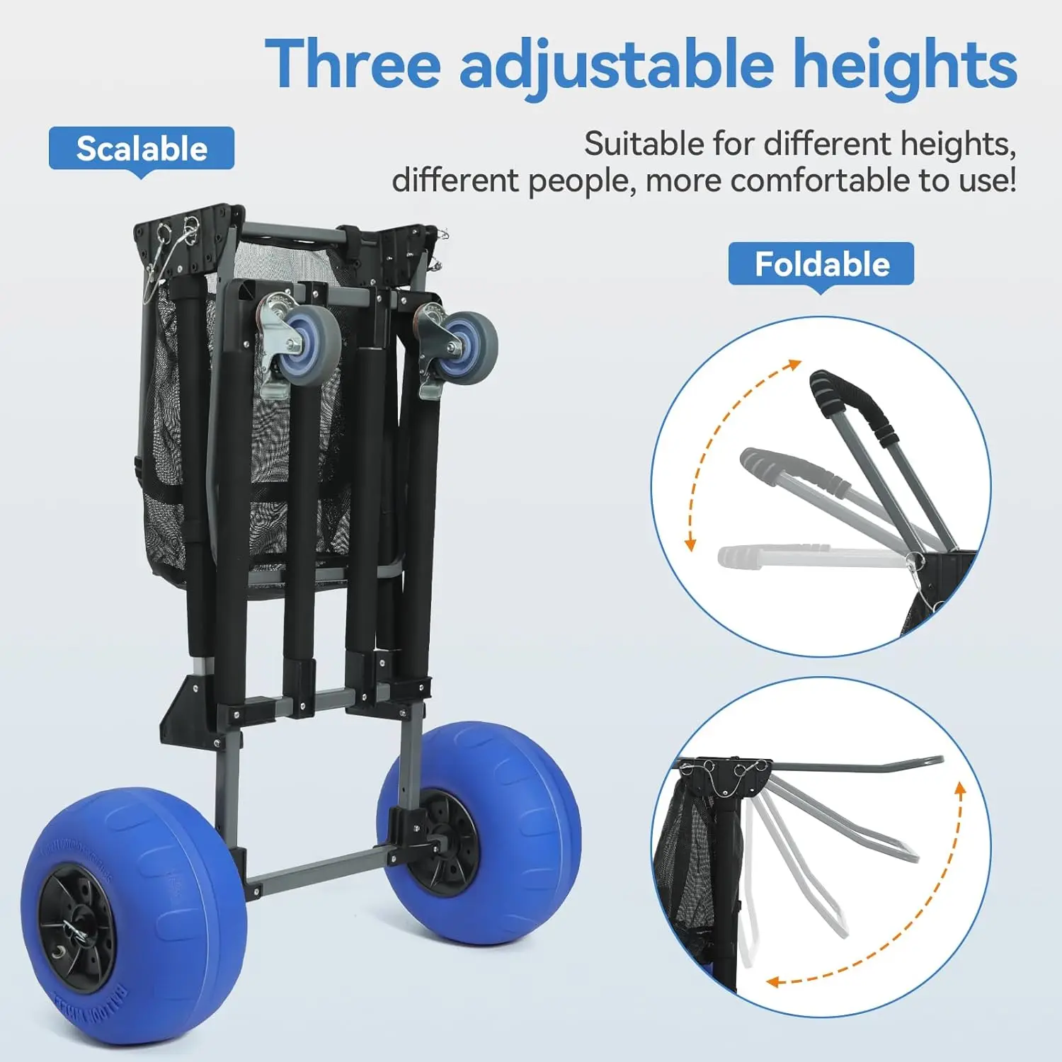 12"Sand Tires Adjustable Handle,Large Capacity Cart with Storage Pockets,Straps &Beach Chair Hooks,Maximum Weight Capacity220lbs