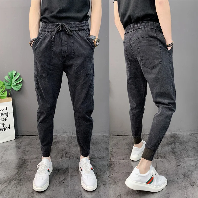 New Thin 2022 New Feet Summer Autumn Solid Color Cropped Trousers Harem Hipster Casual Pants Low Waist Drawstring Jeans