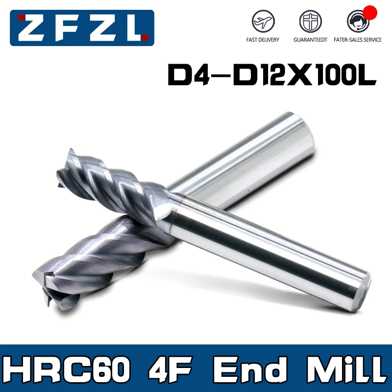 

4 Flutes HRC60 Carbide End Mill 45° D4 D12 100L Milling Cutter Alloy Coating Tungsten Steel Cutting Tool CNC maching Endmills