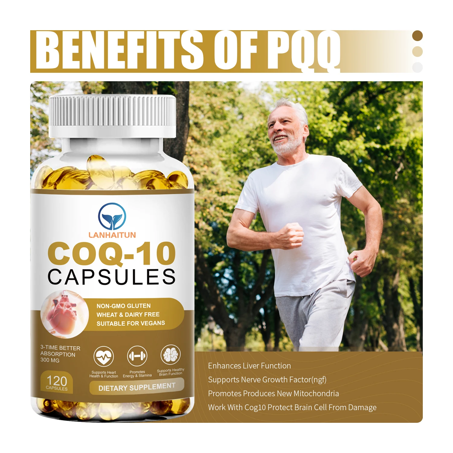 LANHAITUN 300MG COQ10 Capsules Organic Ultra High Absorption Coenzyme Q10 Provides Energy 120Pcs Health Dietary Supplement