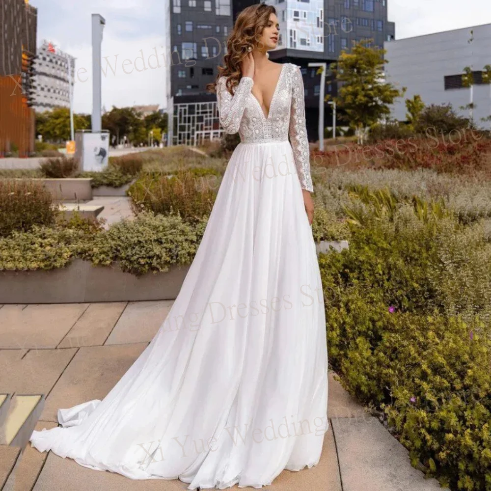 

2024 Sexy Deep V Neck Women's Wedding Dresses Simple Generous Lace Appliques Bride Gowns Long Sleeve Chiffon Vestidos De Novia