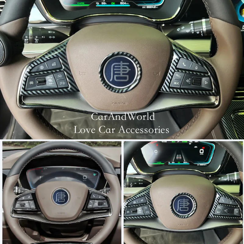 

Carbon Fiber Steering Wheel Switch Button Frame Cover Interior Trims Car Garnish Accessories For BYD TANG DM DM-i EV 2021-2023