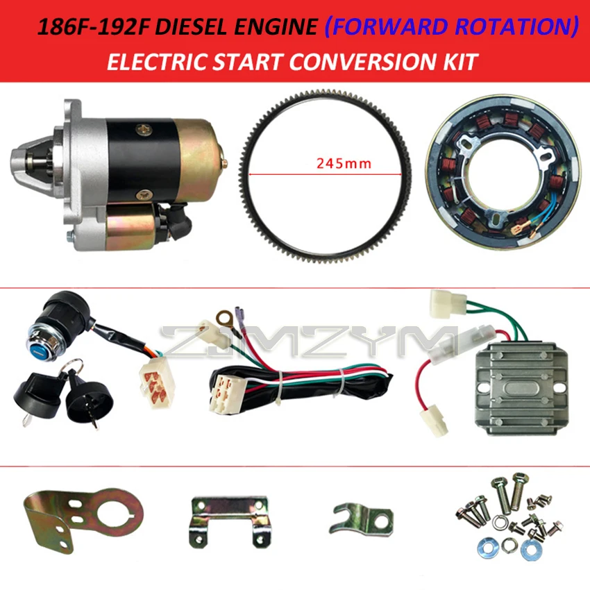Electric Start Conversion Kit For Diesel Engines 186F 188F 192F Generator Forward Rotation Starter Motor Retrofit Complete Set