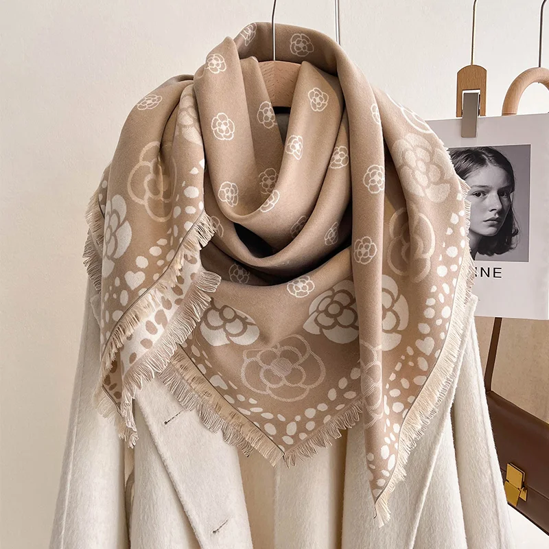 Brand Cashmere Camellia Scarf For Women in Winter Thickened and Warm, large Square Scarf Fashionable and Versatile Elegant Shawl