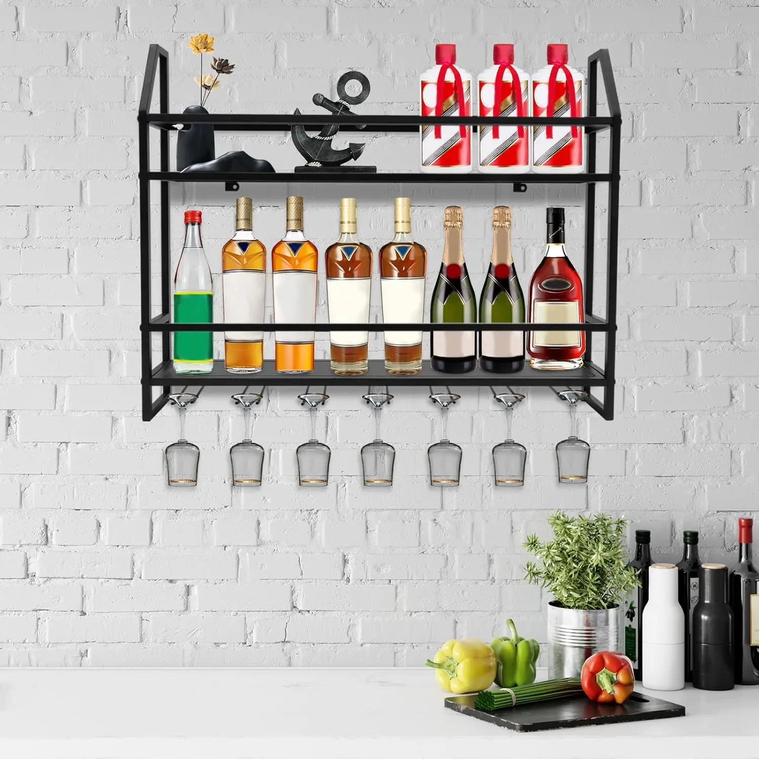2Tier Wine Rack Wall Mounted Wine Rack for 20 Bottles&7 Goblets, Multi ...