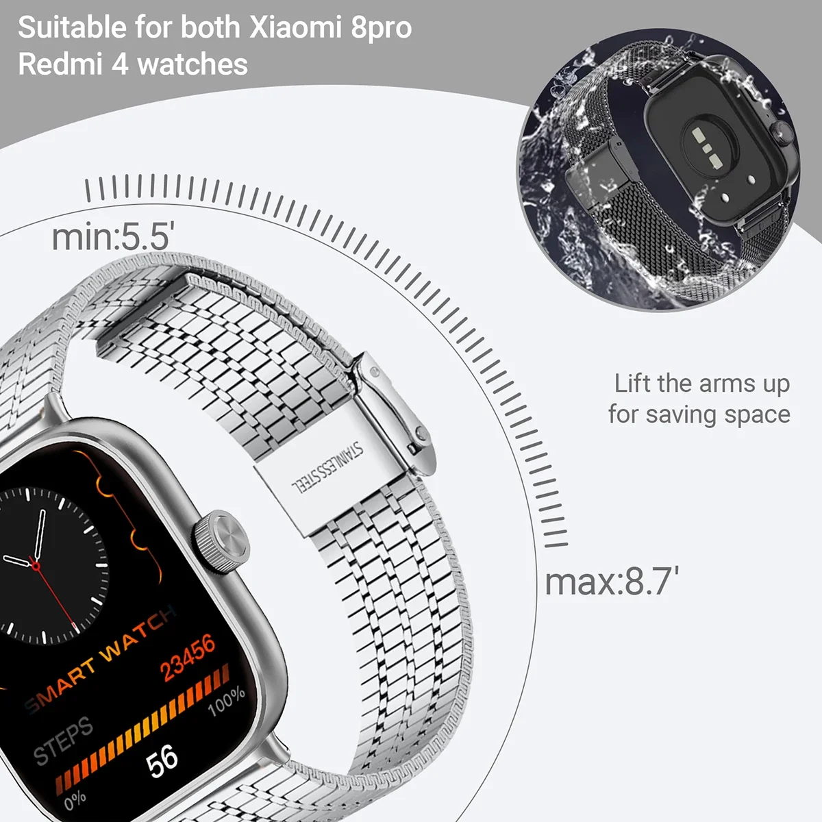Premium Stainless Steel Metal Watch Strap Bracelet, Universal Fit