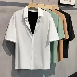 Men's Clothing Formal Fashion Business Casual Simplicity Handsome Button Office Loose Solid Short Sleeve Turn-down Collar Shirts