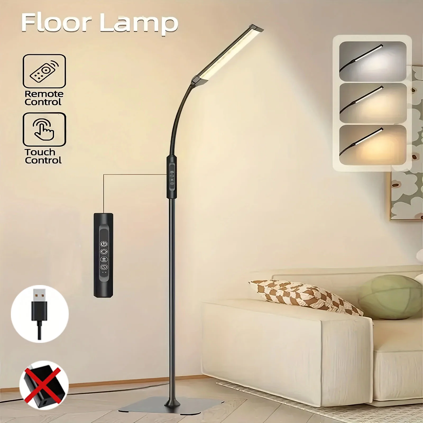 שלט מגע למנורת רצפה - בהירות מתכווננת מ-10 רמות, מנורת סוויבל גמישה לחדרים שונים