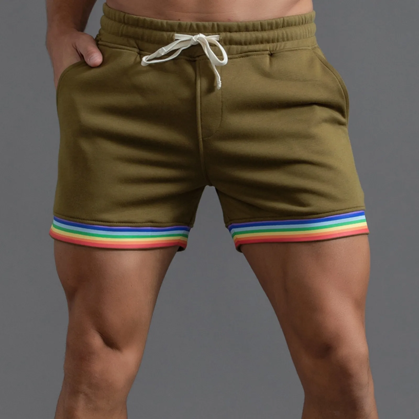 Polyester Shorts Men Summer Solid Color Rainbow Pants Pocket Drawstring Loose Casual Sports Running Glitter Foam Star 3