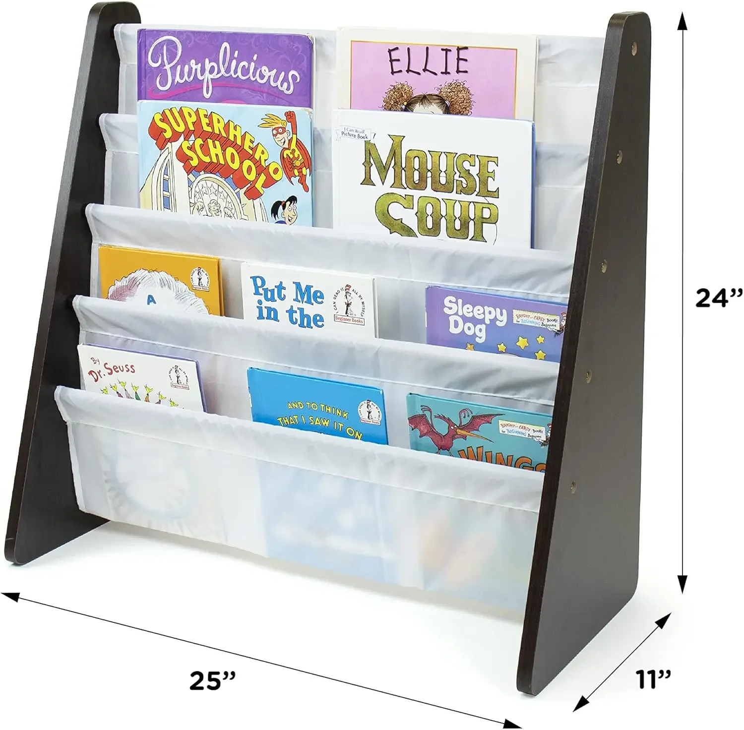 Wood/White - Premium Book Shelf for Kids Rooms with Four Deep Pockets - Toddler Sling Book Rack with Deep Sleeves 3