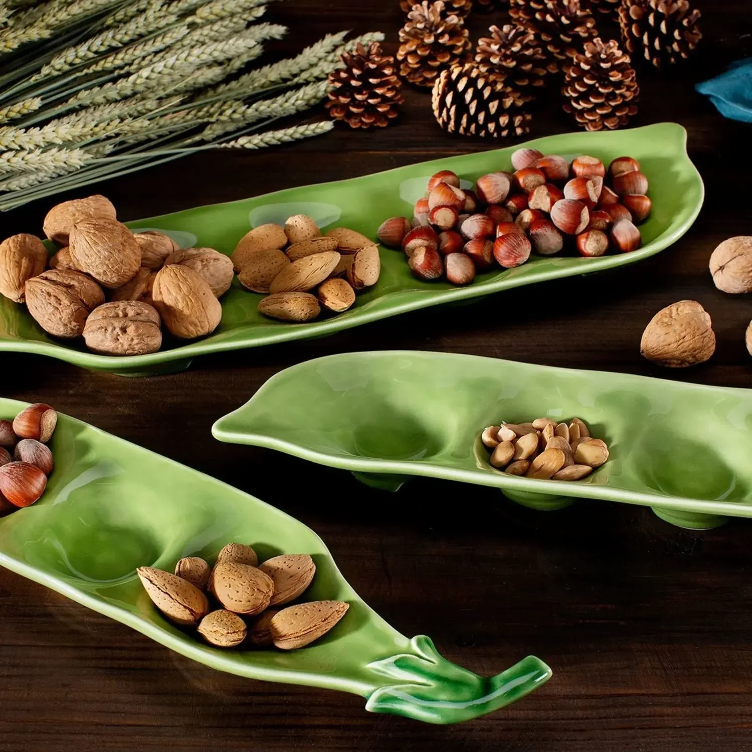 Pea Pod Shaped Ceramic Long Plate Underglaze Color Decoration Nut Side Dish Dim Sum Plate Household Restaurant Dishes Layout