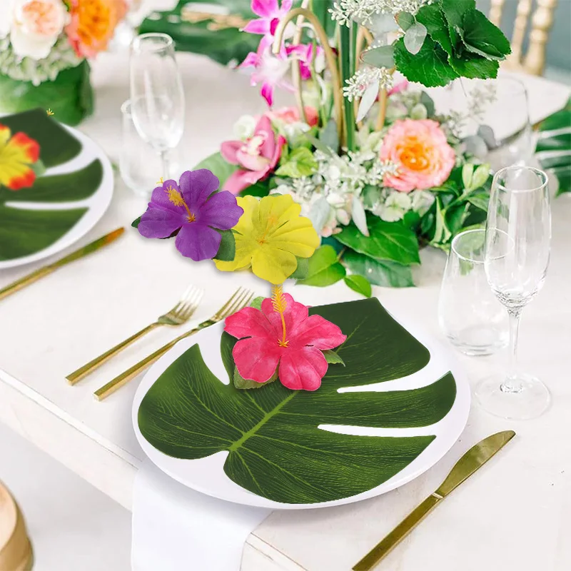 12/30pcs Artificial Tropical Palm Leaves Hibiscus Flower for Hawaiian Luau Tropical Party Table Decoration DIY Wedding Birthday